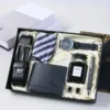 Set da 9 pezzi: orologio nero, cinturino in pelle, portafoglio, cravatta, fermacravatta, polsini