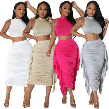 Hot Selling Fashionable Solid Color High Waist Ruffle Crop Cord Tight Vest Skirt Set