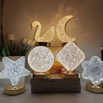 Creative Tricolor Dimming Acrylic Star Moon Crystal Table Lamps Touch Wireless Bedside Led Night Lights for Home Bar