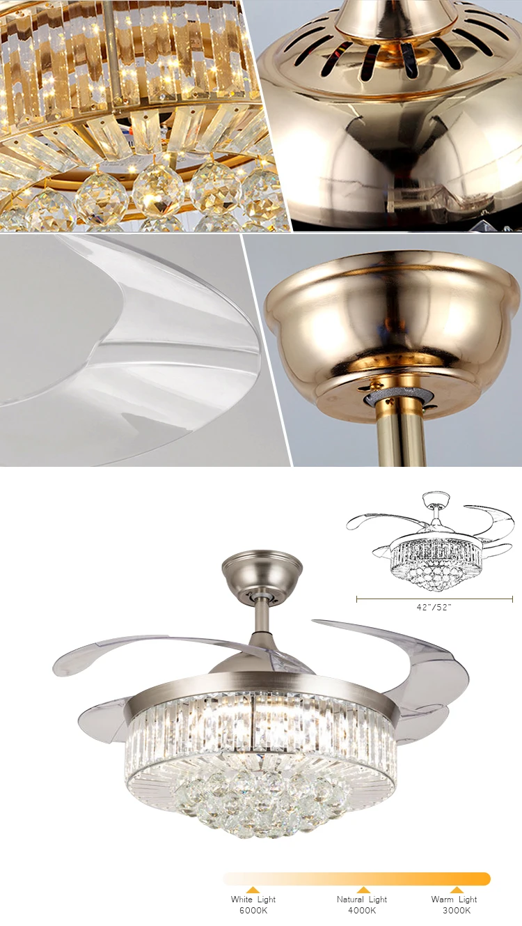 Luxury Crystal Chandelier Reversible Bldc DC Motor Smart Retractable LED Ceiling Fan with Light
