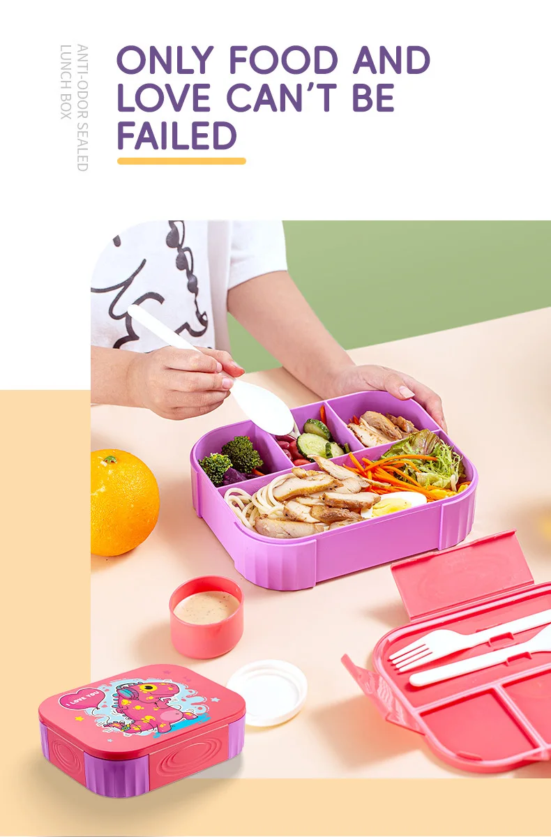 FDA LFGB CE CPC cartoon student kids 4 compartments leakproof plastic food grade lunch box with sauce box and cutlery 1200ml