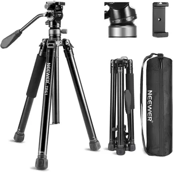 NEEWER 61.4" Video Travel Tripod with Leveling Base Fluid Head Metal Camera Tripod Stand with Quick Release Reversible Legs