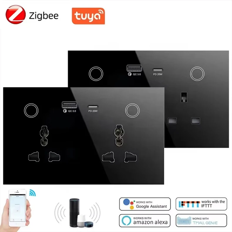 Smart Home Universal Wall Socket With USB Type-c Tuya 20A ZigBee Power Smart Socket Work With Alexa Google Home