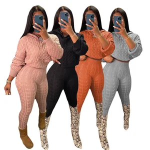 Clothes Women Solid Color High-Elastic Autumn Hooded Skinny Fit Waterproof Anti-Pilling Rhinestone Knit Sweater 2 Piece Set