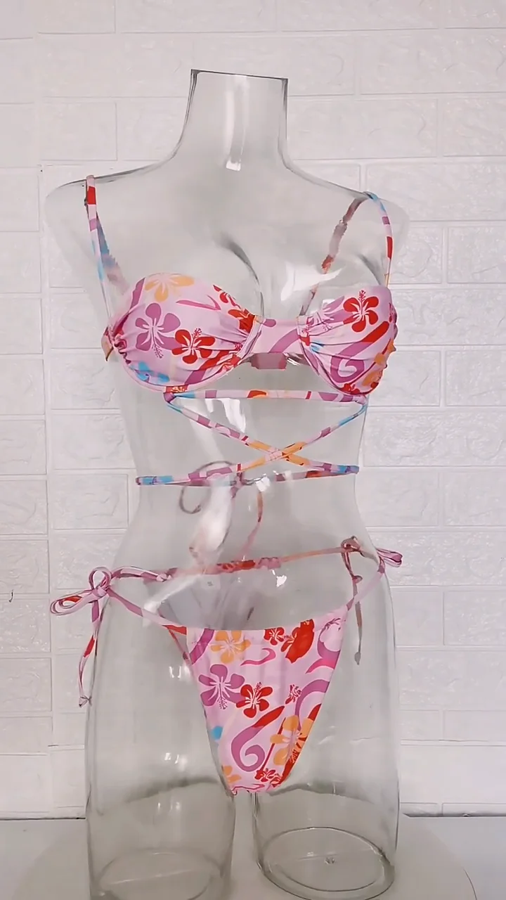 New Stock 9 Colors Print Textured Fabric Bathing Suit Sexy Underwire