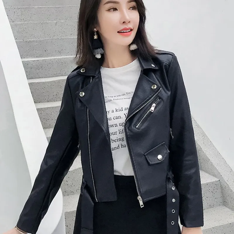 Jegsnoe Women PU Leather Jacket Spring Autumn Vintage Old