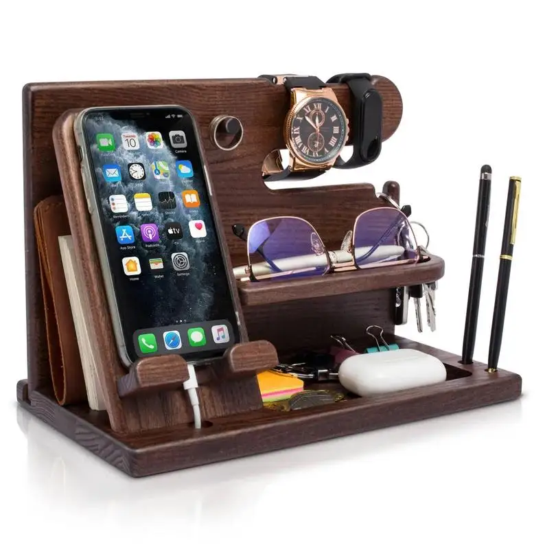 Wood Phone Docking Station Key Holder Wallet Watch Organizer Stand ...