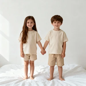 Full Custom Lightweight Soft Boy's Tshirts with Matching Linen Cotton Causal Shorts Matching Children Lounge Travel 2 Piece Sets