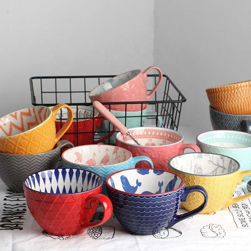 Hot Selling Retro Creative Embossed Ceramic Milk Dessert Cup