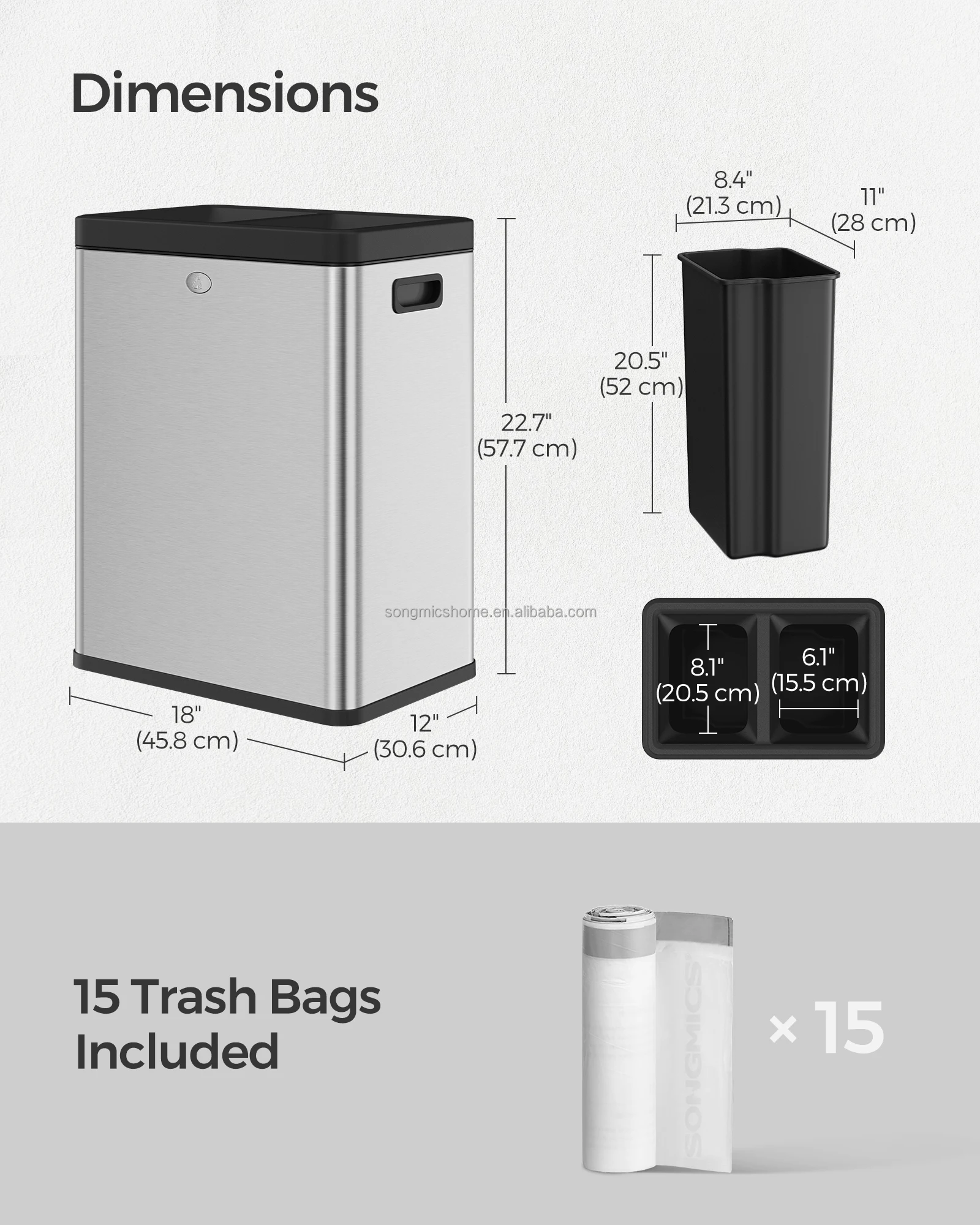 Songmics Slim Stainless Steel Garbage Cans Without Lids Cheap Trash Can