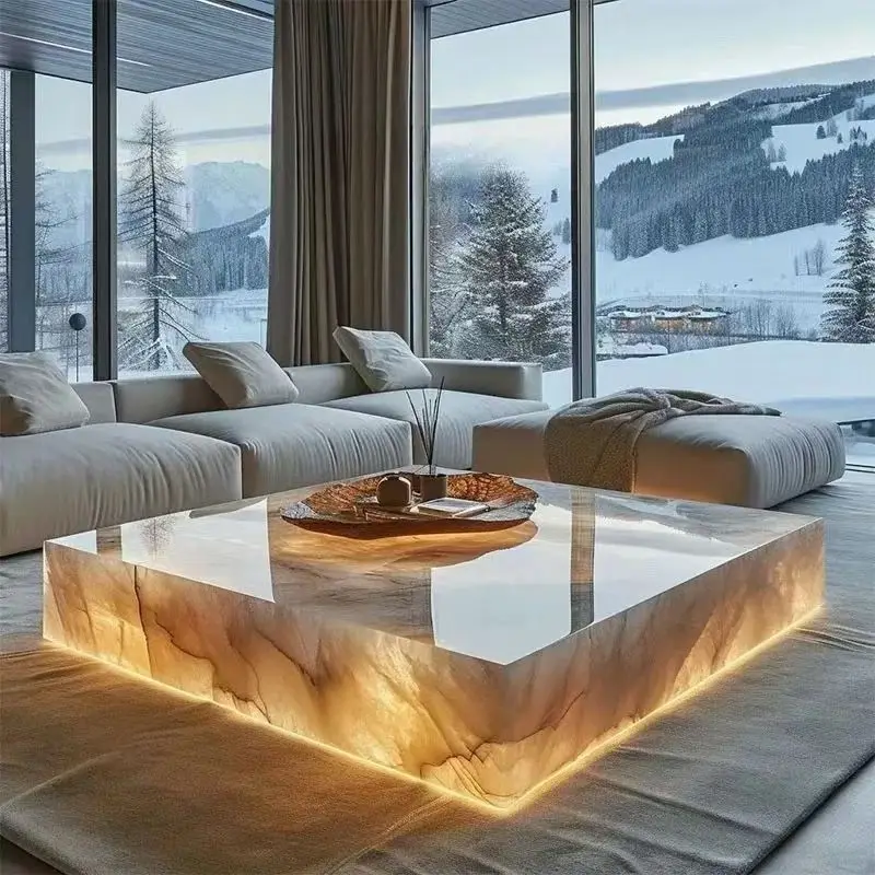 Square Ice Crack Onyx Luminous Coffee Table Tea Table for Bar Pub Restaurant 48'' 1200mm Back Lighted Translucent Furniture