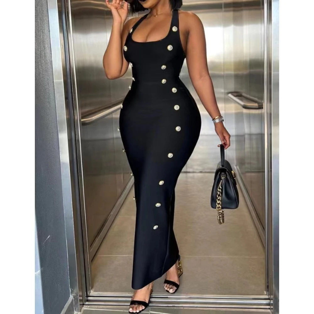 Wholesale Halter Strap Backless Bodycon Button Summer Maxi Women Dresses  Sehe Fashion