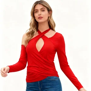 Women's Spring/Autumn Knitted Soft Stretch High Quality Fashion Sexy Cross Halter Cold Shoulder Ruched Long Sleeve Slim Top
