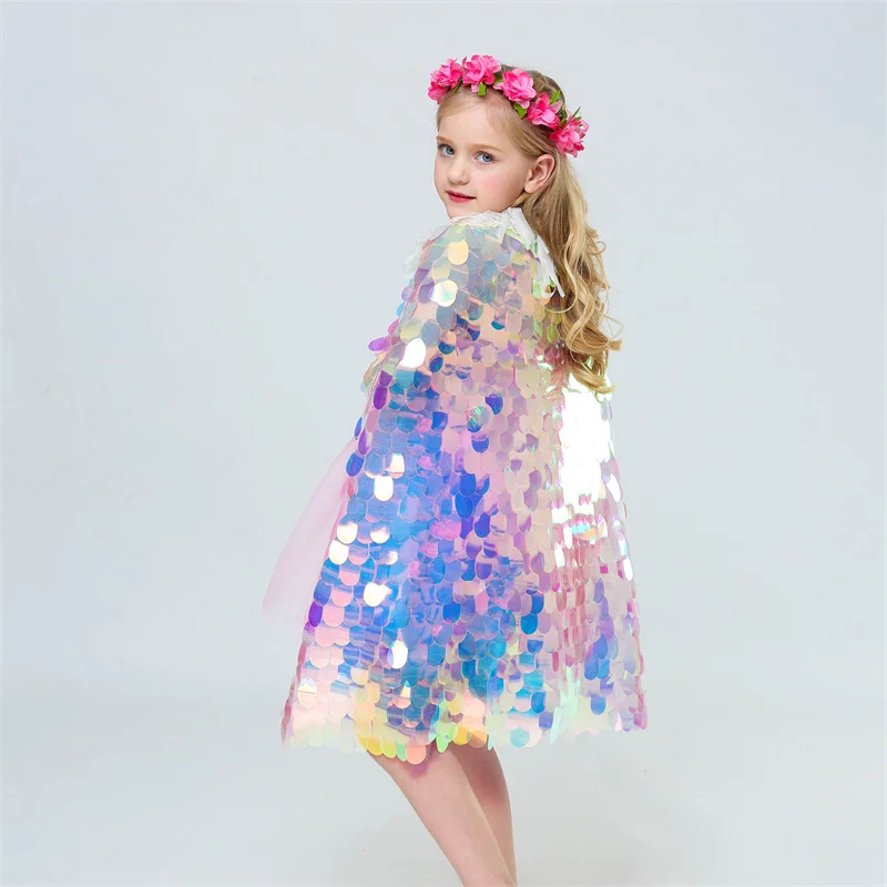 2023 Kids Girl Sequined Mermaid Capes Children Cloak For Halloween ...