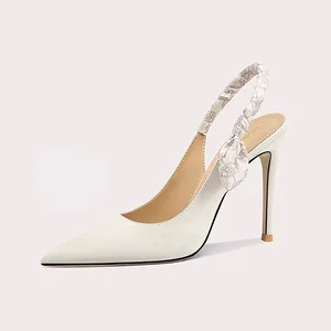 French-style Elegant Women High Heels Sandals Summer Pointed Toe Silk Ribbon Back Strap Shoes Stiletto Thin Heel Shoes
