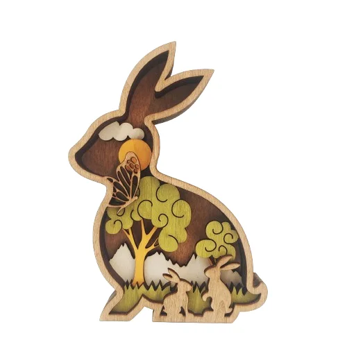 Spring Garden  LED Easter Rabbit 3D Wood Carving Ornaments Easter Home Decoration Wooden Crafts Hollow Wood Crafts Decoration
