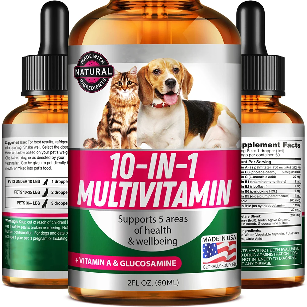 10-in-1 Pet Vitamins Natural Glucosamine Liquid Drops For Dogs Cats ...