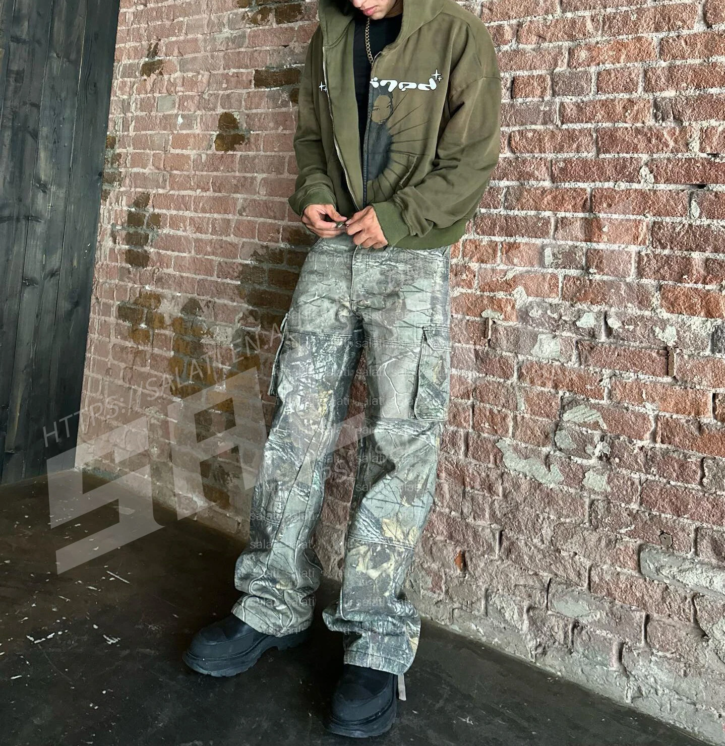 Custom Camouflage Stacked Pant Trousers Cotton High Waist Baggy Utility Work Workwear Hunting Real Tree Cargo Camo Pants for Men gallery 3