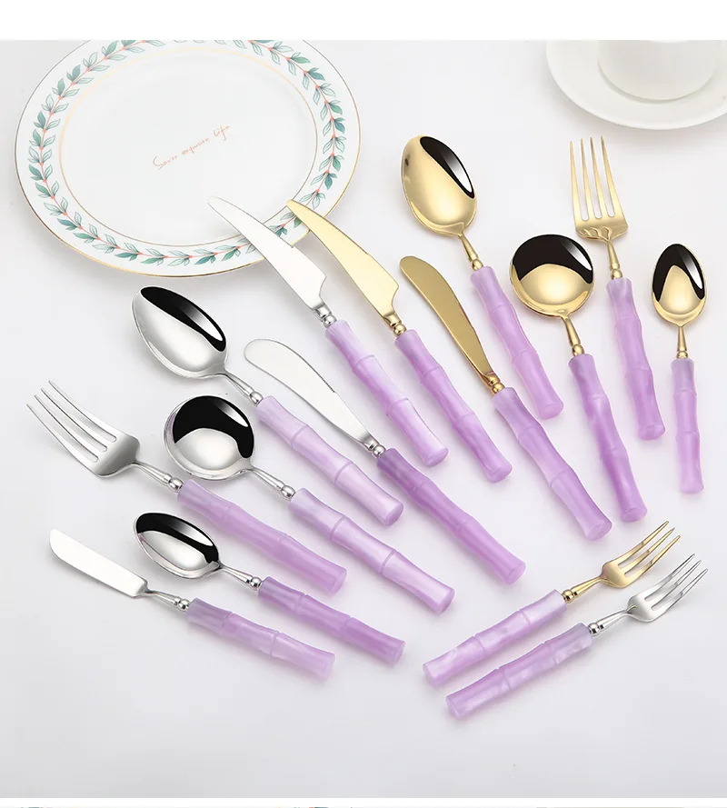 High Quality 18/10 Flatware Set Violet Acrylic Handle Stainless Steel Knife Fork Spoon Silverware Restaurant Cutlery Set