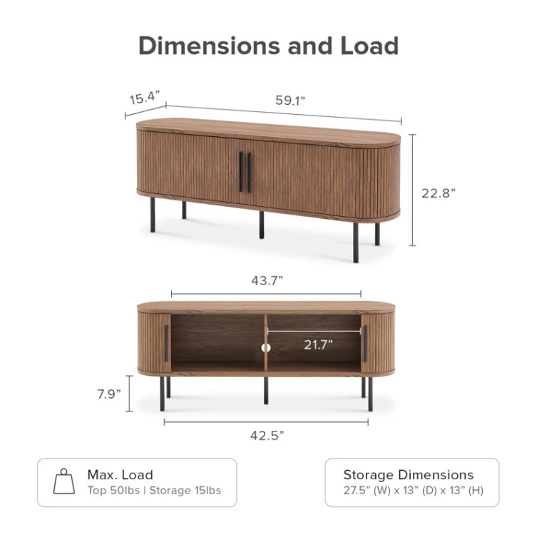 Factory Direct Brown Oak Rounded Curved Edges Tambour Door Media Console TV Cabinet Stand