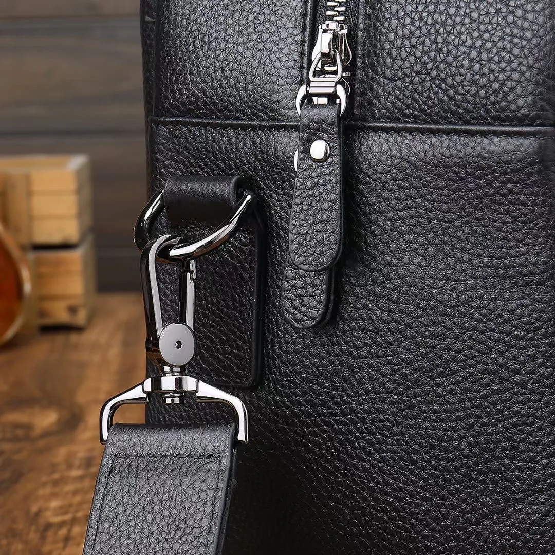 Brand Logo Leather Cowhide Computer Case Travel Bag Real Black Pebble Leather Computer Laptop Briefcases Duffel Bag
