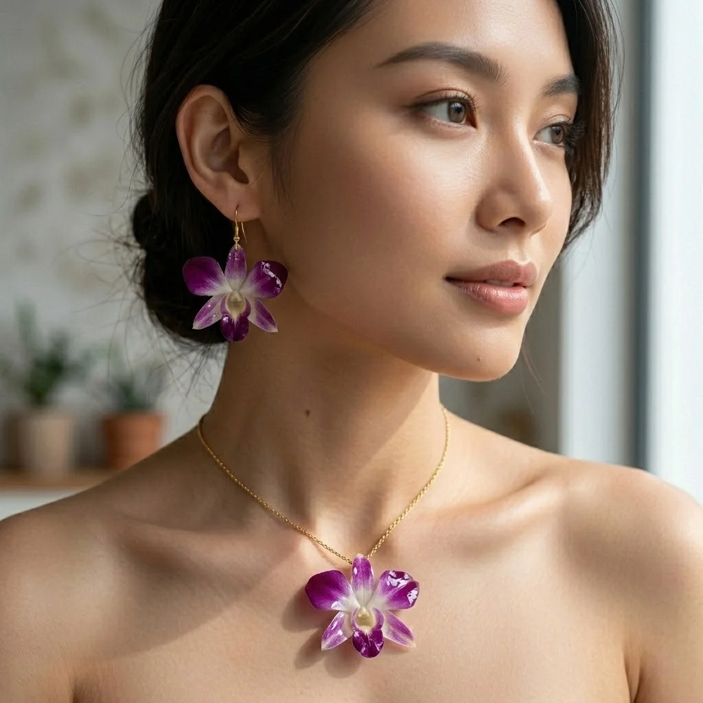Resin Orchid Necklace - Hand Crafted Jewelry Set