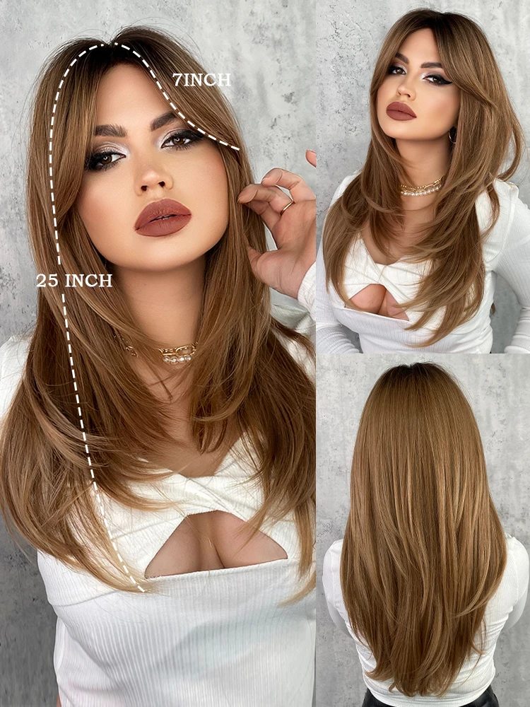 Honey Blonde Long Layered Synthetic Wig with Bangs for Women