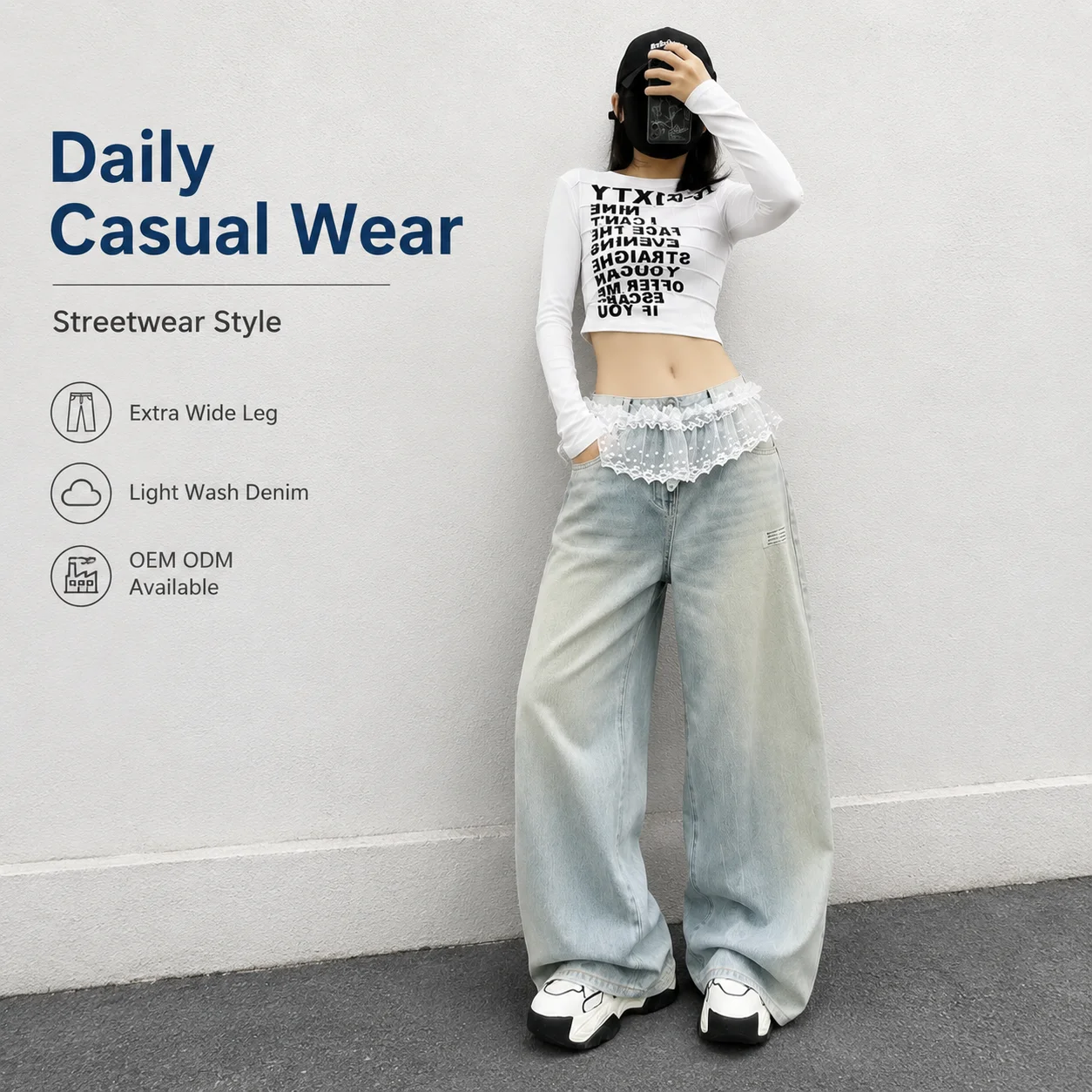 Summer New KAKAMEE Loose High Waist Washed Denim Wide-Leg Jeans with Lace Trim Hem Quick Dry Polyester/Cotton for Women