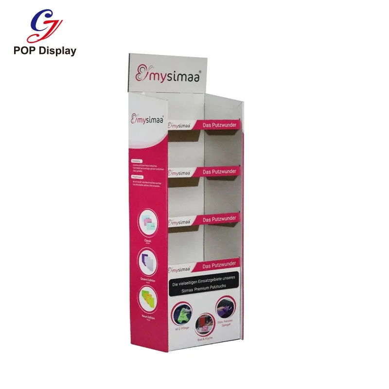 ECO Friendly Customized Size Cardboard DIY Free Floor Standing Unit 4 Shelf Display Stand Portable Paper Rack Tower Supermarket