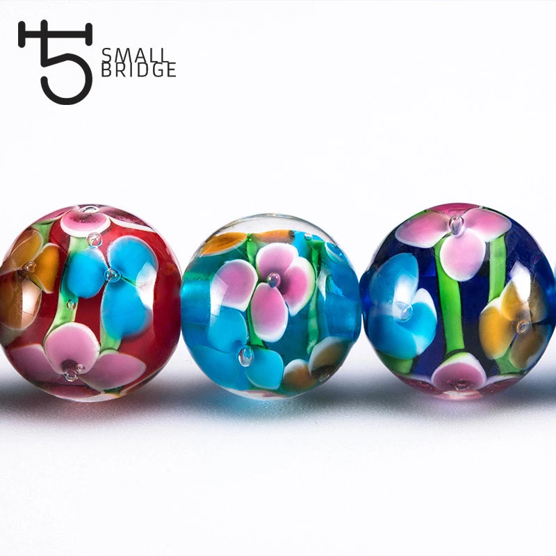 Wholesale 12mm Murano Handmade Lampwork Glass Beads Women's Jewelry Making Diy Beads Flower Transparent Round Beads supplier