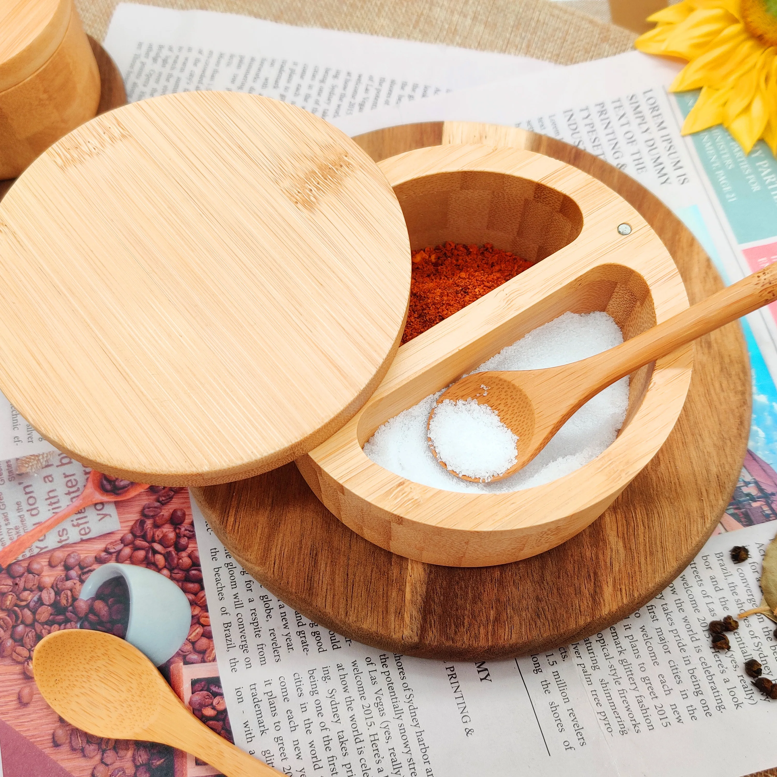 Wholesale Custom Logo Spices Storage Container Wooden Condiment Pot Bamboo Salt Box With Swivel Lid