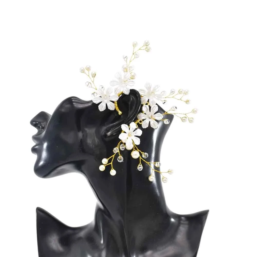 Orecchini A Foglia E Perla Finta Con Polsino - Ear Climber Strisciante Per Donne, Argento