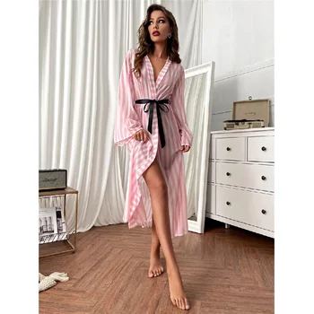 Women Kimono Pink Long Gown Stripe Bathrobe Sexy Mesh Sleepwear Vintage Robe Suitable For Summer Beachwear