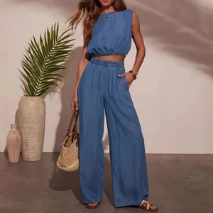 Sleeveless Tank Top and Wide Leg Pants Set Personalized Denim Suits Loose Casual Women Two Pieces Sets