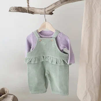 Spring and autumn infant clothes corduroy suspender trousers baby shoulder long-sleeved bottoming shirt