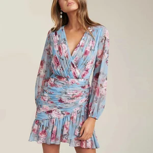 Women's Casual V-Neck Mini Dress Asymmetric Hem Lightweight Chiffon Floral Print Breathable Pleated Dress