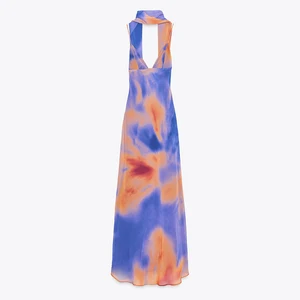 Wisrise Fashion Factory New Design Casual Vacations Dress Women's Tie Dye Halter Sleeveless Backless Design Maxi Dress