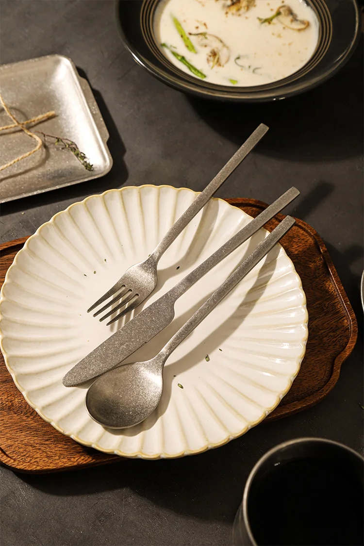 Retro Style Snowflake Gray High Quality Hotel Canteen Camping Stainless Steel Knife Coffee Serve Spoon and Fork Flatware Set