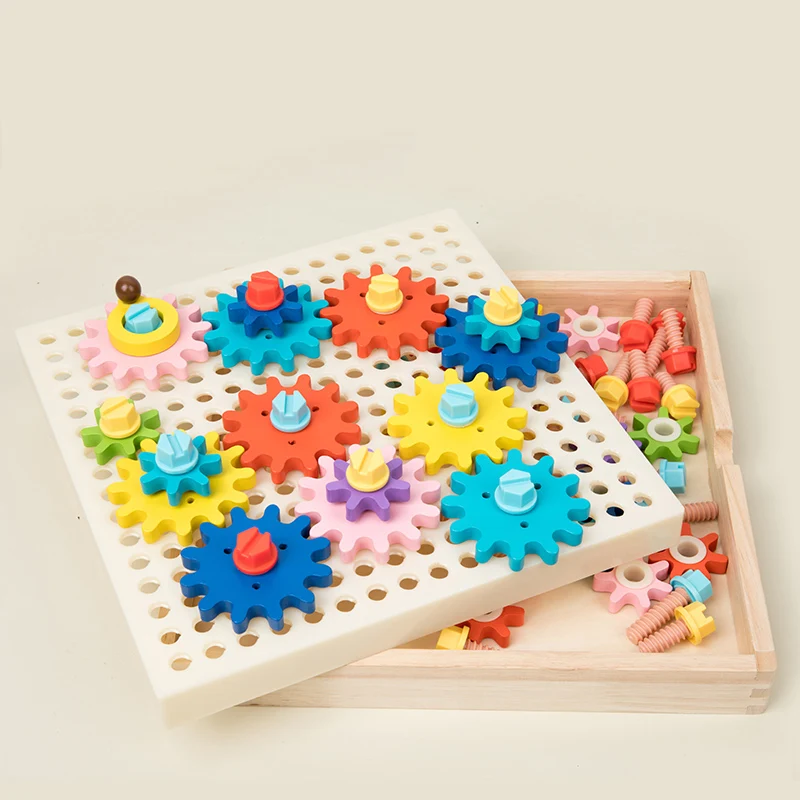 Newest Kid Educational Toy Wooden Screw Nails Puzzle Montessori Rotating Gear Puzzle Board Game With Cards