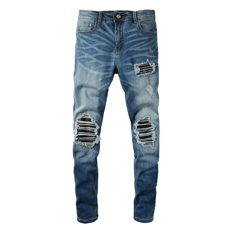 Hot Sell Custom Men Vintage Blue Denim Knee Distressed Hip Hop Washed Pants Ripped Stacked Jeans