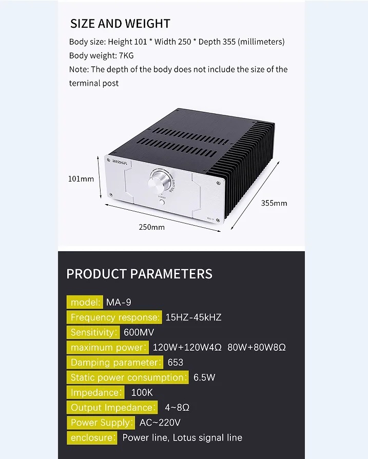 BRZHIFI Maranshi MA-9 full symmetric HDAM circuit architecture hifi high power house hold desktop power amplifier manufacture