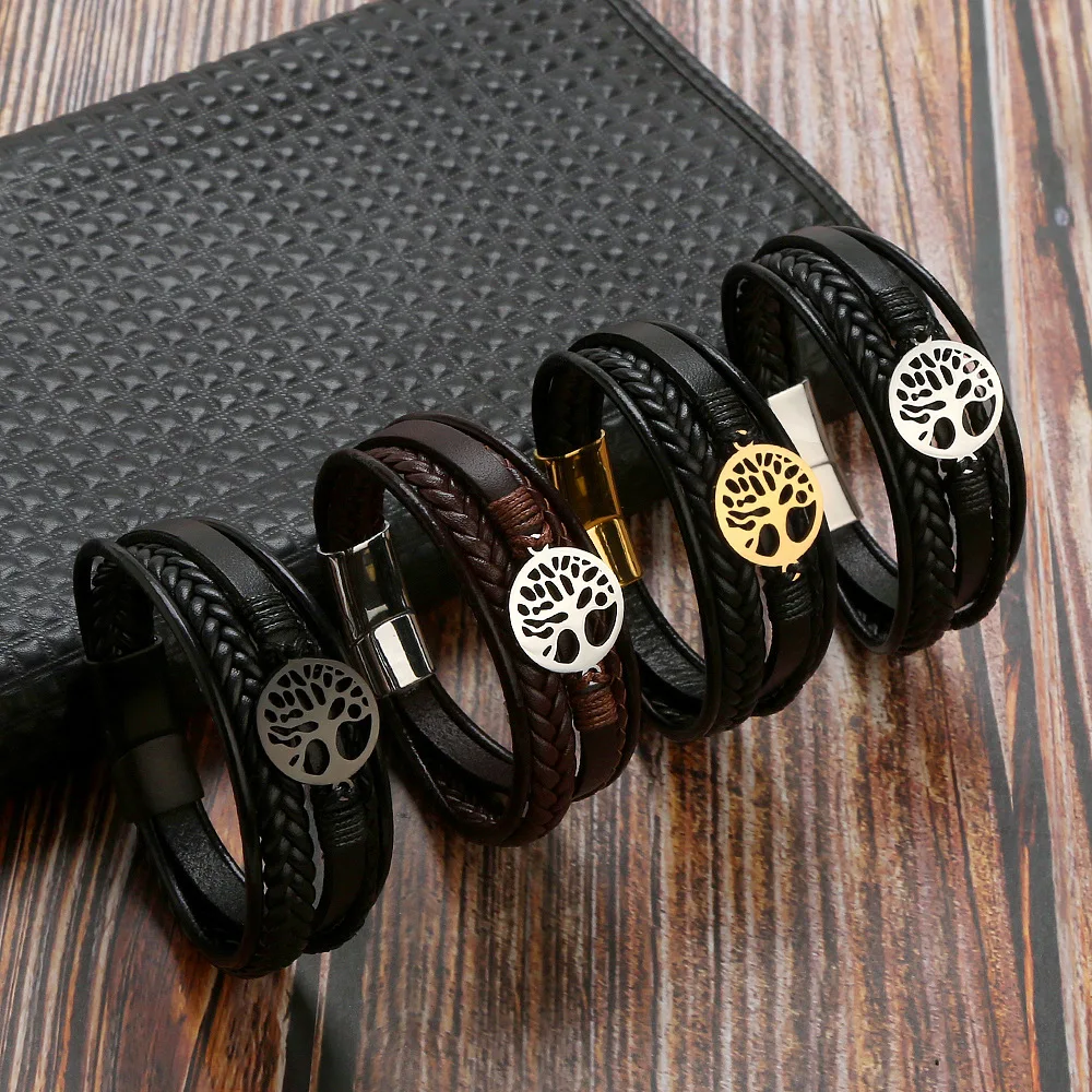 Tree of Life Stainless Steel Sign Bracelet Bangle Leather Briaided Magnet Clasps Friendship for Men Women Bracelet