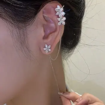 SC TikTok Hot Long Flower Threader Earrings Non Pierced Earrings Cuffs Korean Shiny Silver Zircon Flower Ear Cuff Earrings Women