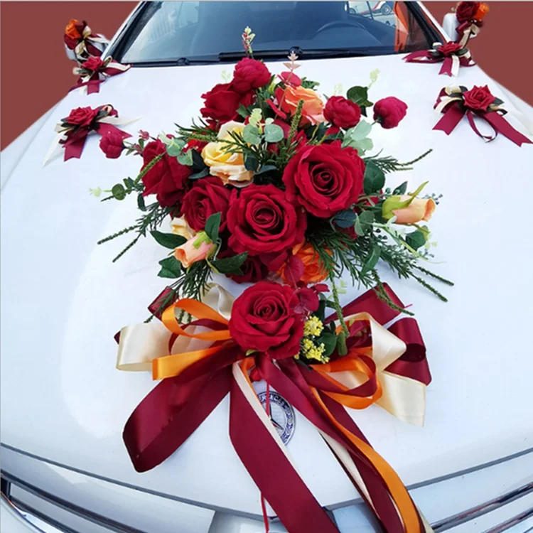 Lot De 4 Nœuds En Soie Pour Voiture De Mariage - Rose Simulation Avec Ruban Organza - Décoration Poignée, Rétroviseur - 9