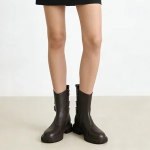 Women's Dark Brown Action Leather Ankle Boots - Double Buckle Trim Chunky Sole Casual Daily Footwear 2026 Autumn