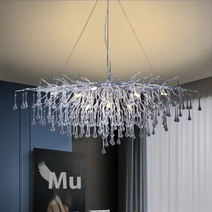 Light Luxury Crystal Chandelier for Living Room Creative Water Drop Branch Glass Art Middle E12 Commercial Dining Aluminum