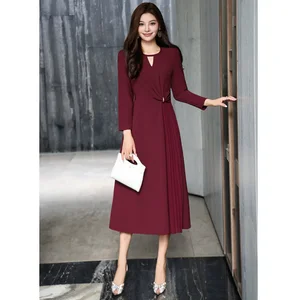 Factory Wholesale Runway Fashion Autumn Winter Midi Dress Women Long Sleeve V-Neck Draped Elegant A-Line Midi Office Party