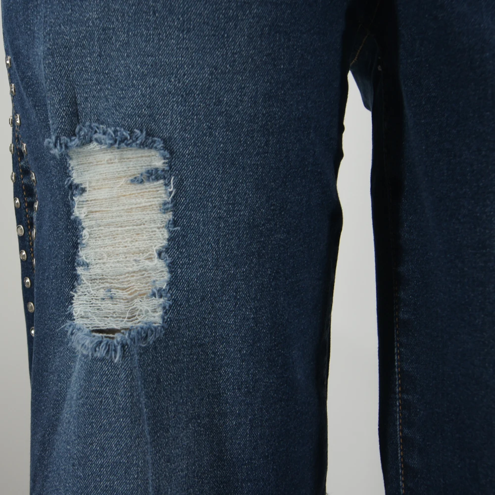 Women's Wide Leg Jeans with Studded Side & Distressed Design High Waist Casual Denim Pants