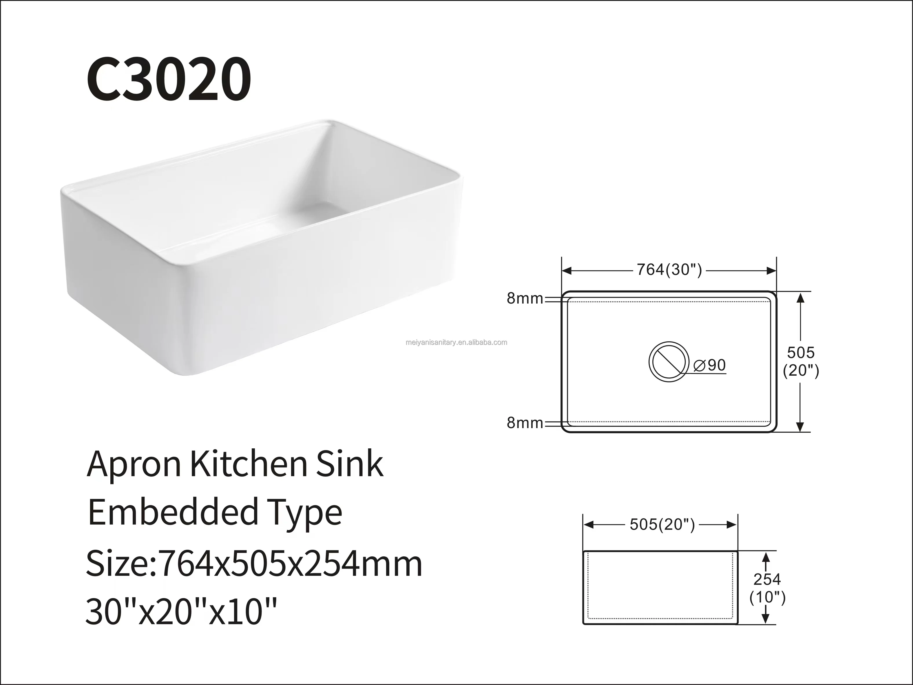 Modern White Polished Solid Fireclay Single Bowl Ceramic Kitchen Sink