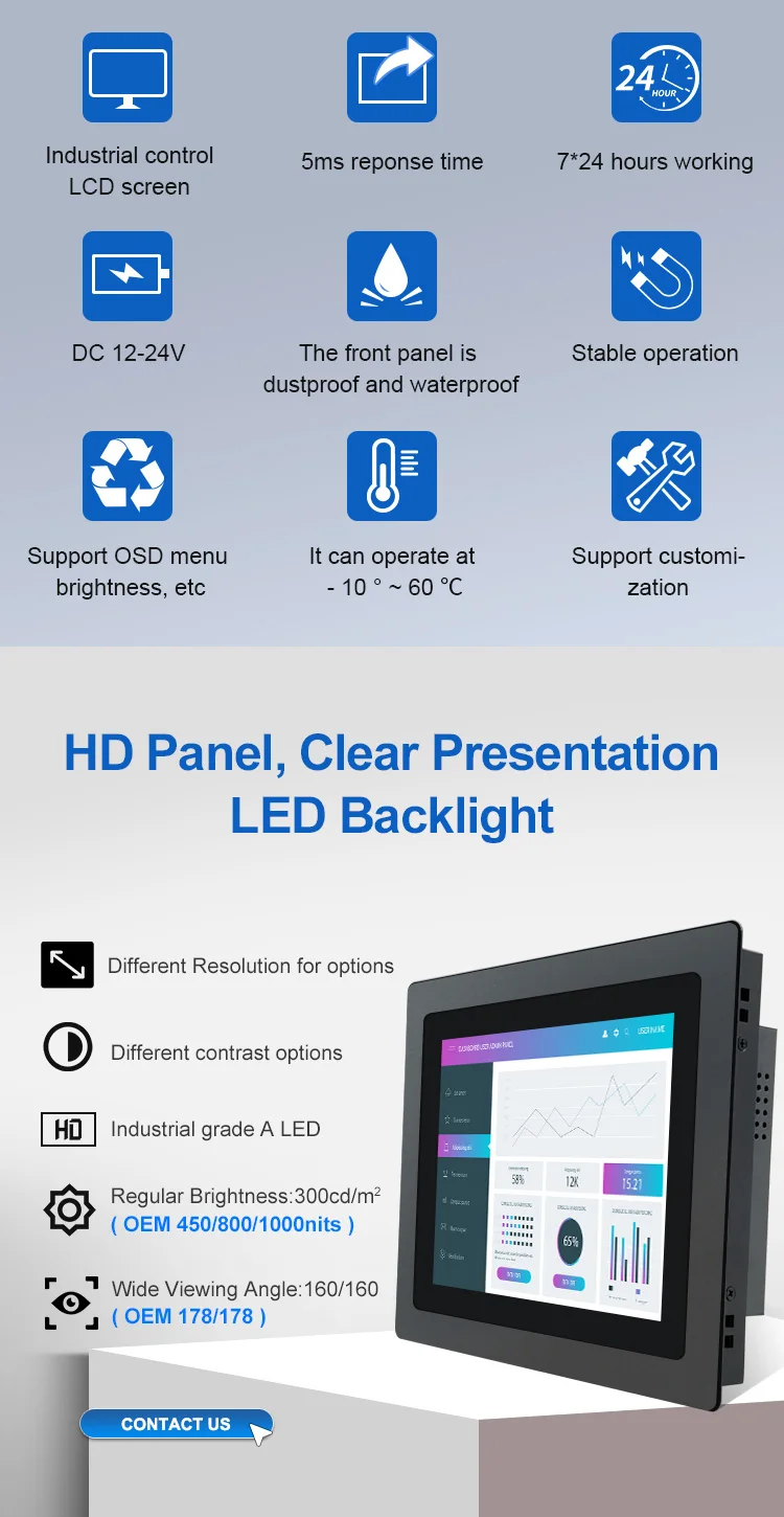 12 Inch 1024*768 VGA Non Touch square Screen Metal Aluminum TFT Embedded Pure Flat OEM ODM Industrial LCD Monitor